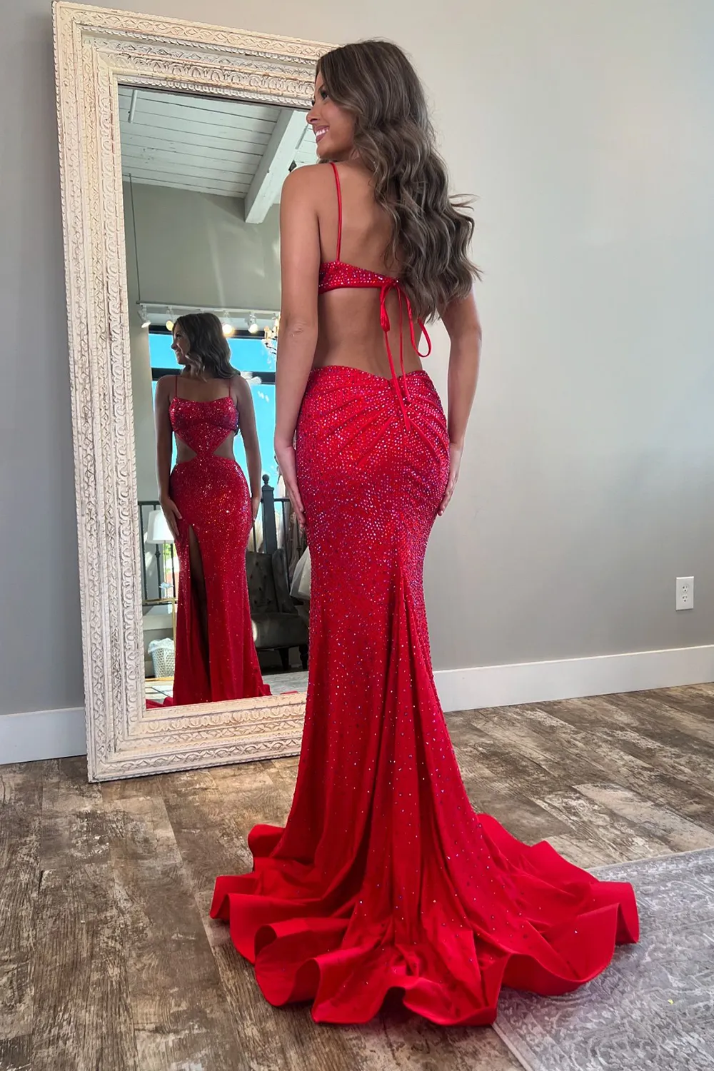 Red Spaghetti Straps Rhinestone High Slit Mermaid Prom Dress