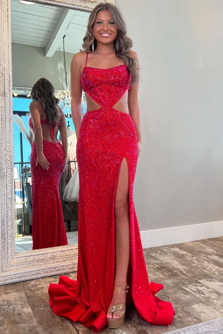 Red Spaghetti Straps Rhinestone High Slit Mermaid Prom Dress