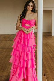 A-Line Strapless V-Neck Layered Chiffon Sleeveless Formal Prom Dress