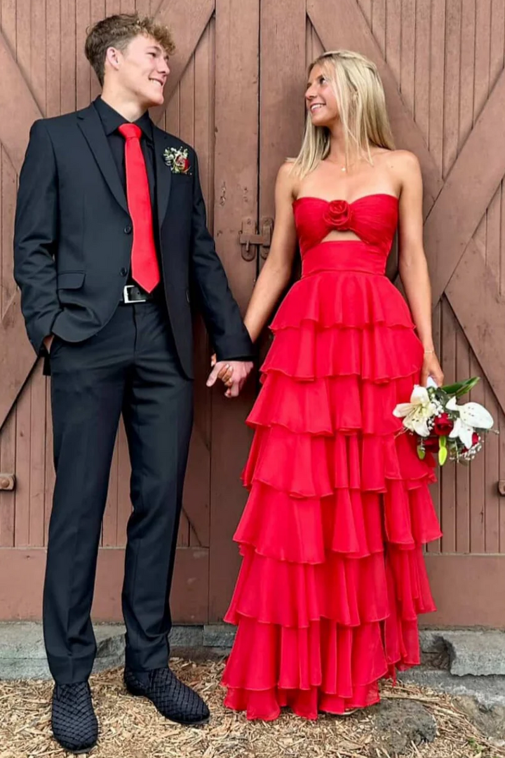 A-Line Strapless V-Neck Layered Chiffon Sleeveless Formal Prom Dress