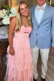 A-Line Strapless V-Neck Layered Chiffon Sleeveless Formal Prom Dress