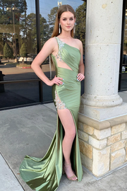 One Shoulder Mermaid Beads Pleated Formal Prom Dress with Slit