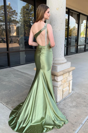 One Shoulder Mermaid Beads Pleated Formal Prom Dress with Slit