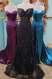 Strapless Appliques Bow Sleeveless Mermaid Long Prom Dress