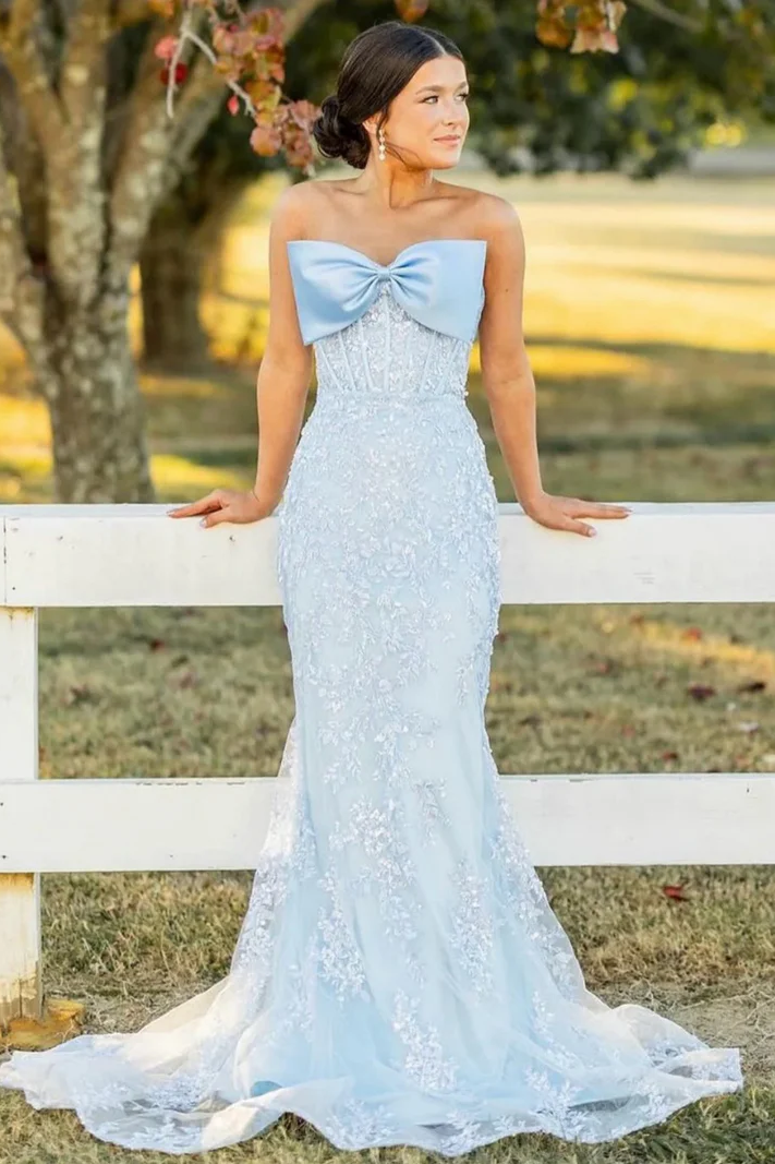 Strapless Appliques Bow Sleeveless Mermaid Long Prom Dress