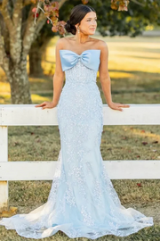 Strapless Appliques Bow Sleeveless Mermaid Long Prom Dress