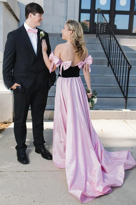 Elegant Off-Shoulder Bows Velvet with Train Long Formal Prom Dress