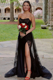 Black Scoop A-Line Appliques Long Formal Prom Dress with Slit