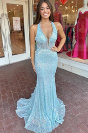 Stunning Halter V-Neck Sequined Beads Mermaid Long Prom Dress