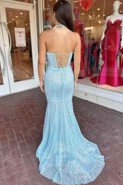 Stunning Halter V-Neck Sequined Beads Mermaid Long Prom Dress