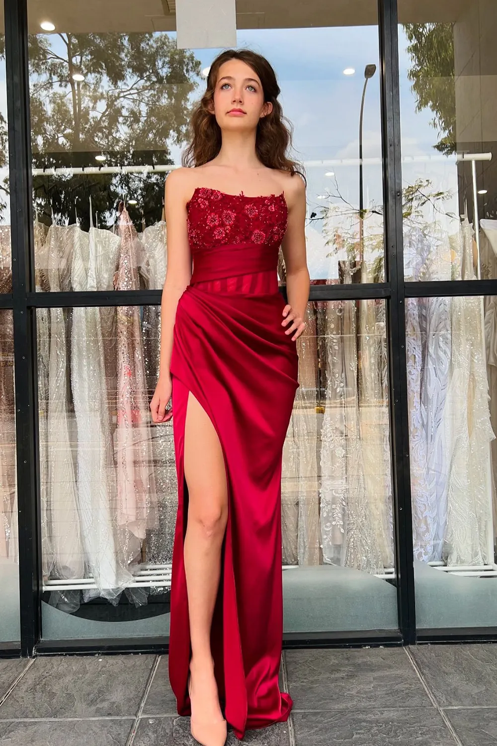 Burgundy Strapless Appliques Pleated High Slit Long Prom Dress