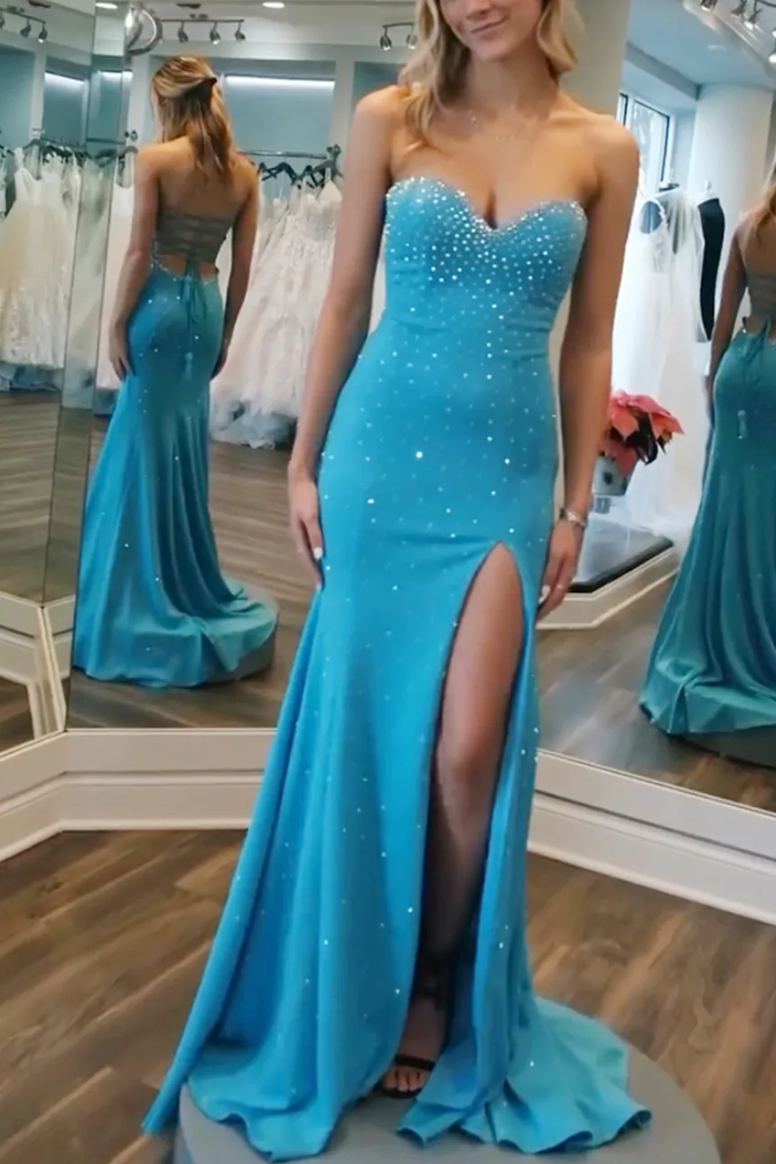 Sweetheart Strapless Mermaid Beads Sleeveless Formal Prom Dress with Slit