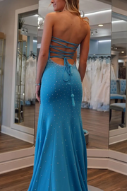 Sweetheart Strapless Mermaid Beads Sleeveless Formal Prom Dress with Slit