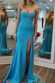 Sweetheart Strapless Mermaid Beads Sleeveless Formal Prom Dress with Slit