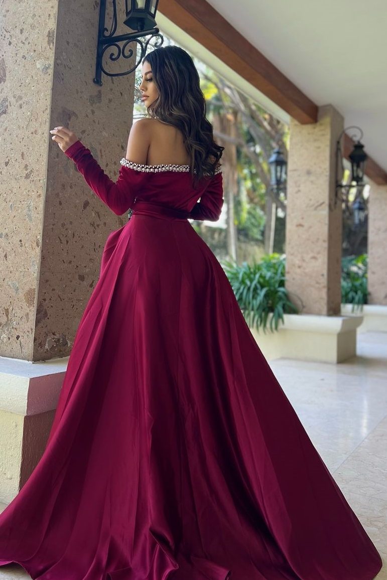 Off-Shoulder Beads A-Line Empire-Waist High Slit Long Prom Dress with Sleeves