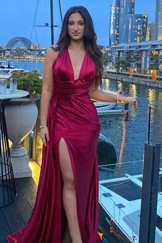 Burgundy Halter V-Neck Pleated Satin Formal Prom Dress with Slit