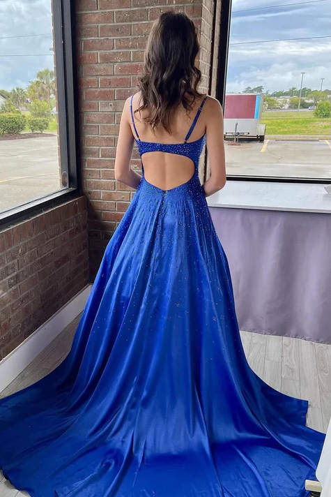 Royal Blue Rhinestone V-Neck Spaghetti Straps Pleated Prom Dress