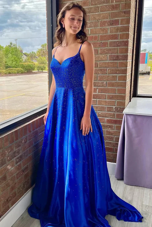 Royal Blue Rhinestone V-Neck Spaghetti Straps Pleated Prom Dress