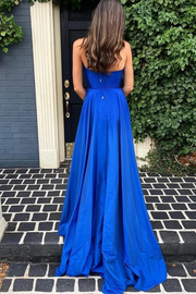 Halter Deep V-Neck Satin High Slit Pleated Sleeveless Formal Prom Dress