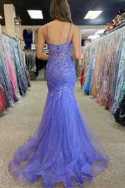 Mermaid Spaghetti Straps V-Neck Appliques Tulle Ruched Prom Dress