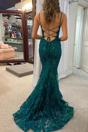 Spaghetti Straps Appliques Scoop Mermaid Sleeveless Long Prom Dress