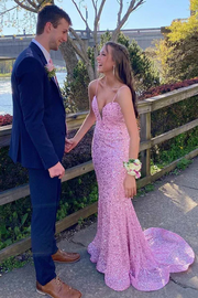 Pink Sequined Spaghetti Straps V-Neck Long Formal Prom Dress with Train