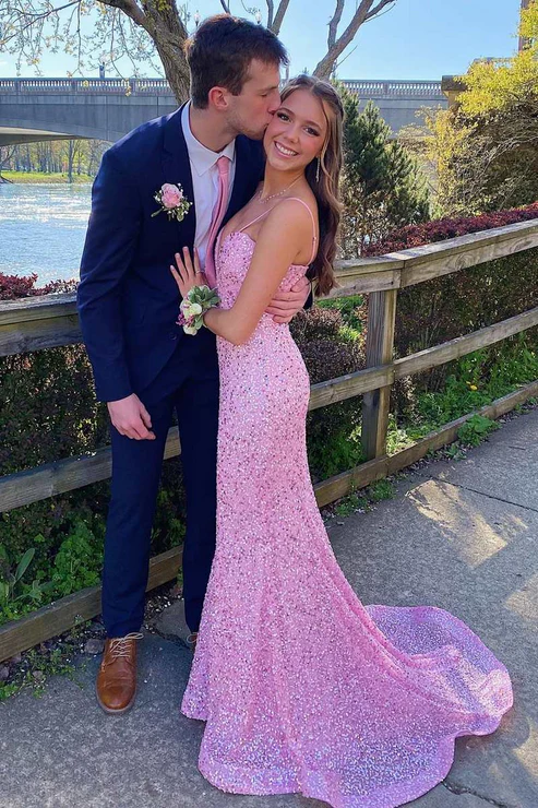 Pink Sequined Spaghetti Straps V-Neck Long Formal Prom Dress with Train