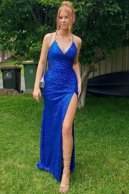 Royal Blue Sequined Spaghetti Straps High Slit Formal Prom Dress