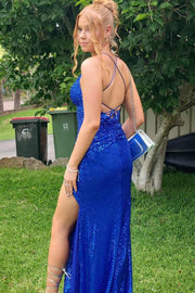 Royal Blue Sequined Spaghetti Straps High Slit Formal Prom Dress