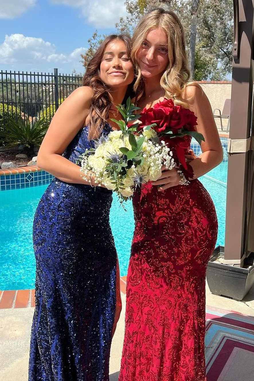 Spaghetti Straps V-Neck Sequined Sleeveless Prom Formal Dress with Slit