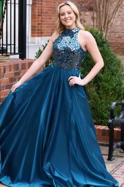 A-Line High Neck Pleated Mirror-Cut Sequins Sleeveless Formal Prom Dress