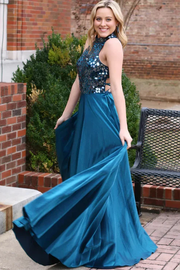 A-Line High Neck Pleated Mirror-Cut Sequins Sleeveless Formal Prom Dress