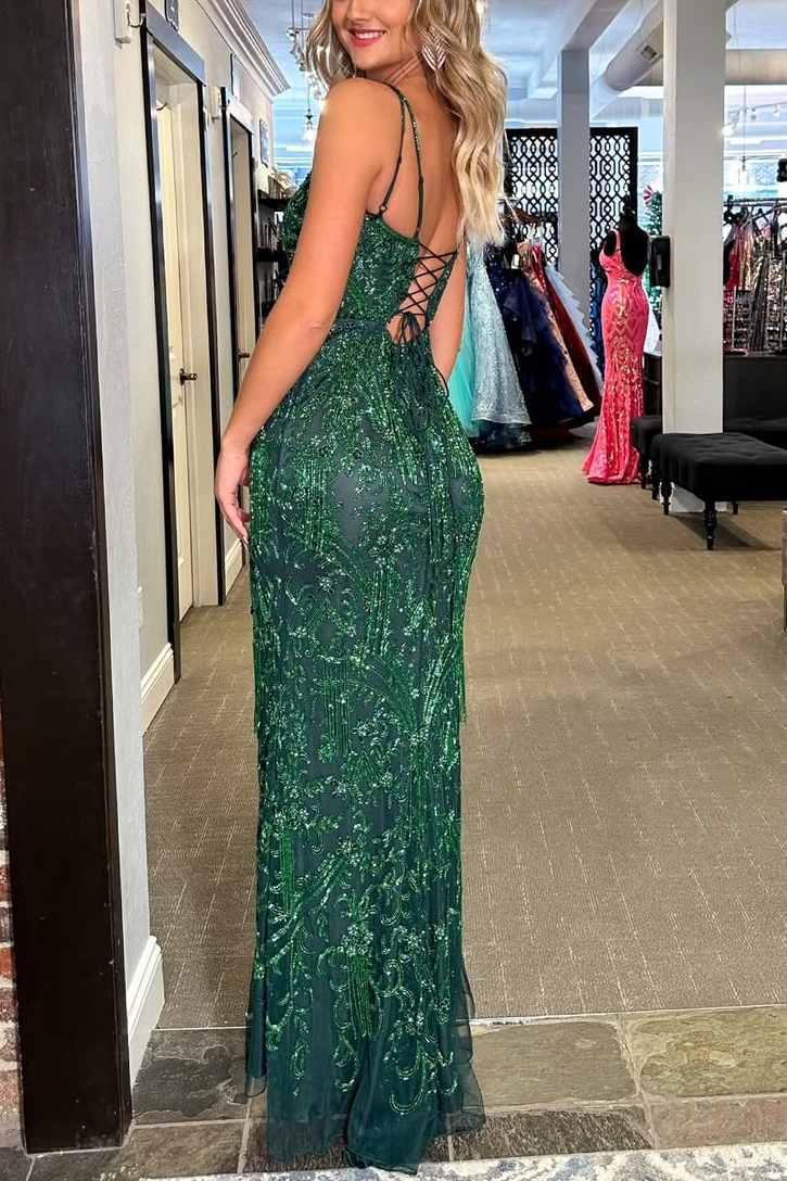 Green V-Neck Spaghetti Straps Appliques High Slit Long Formal Prom Dress