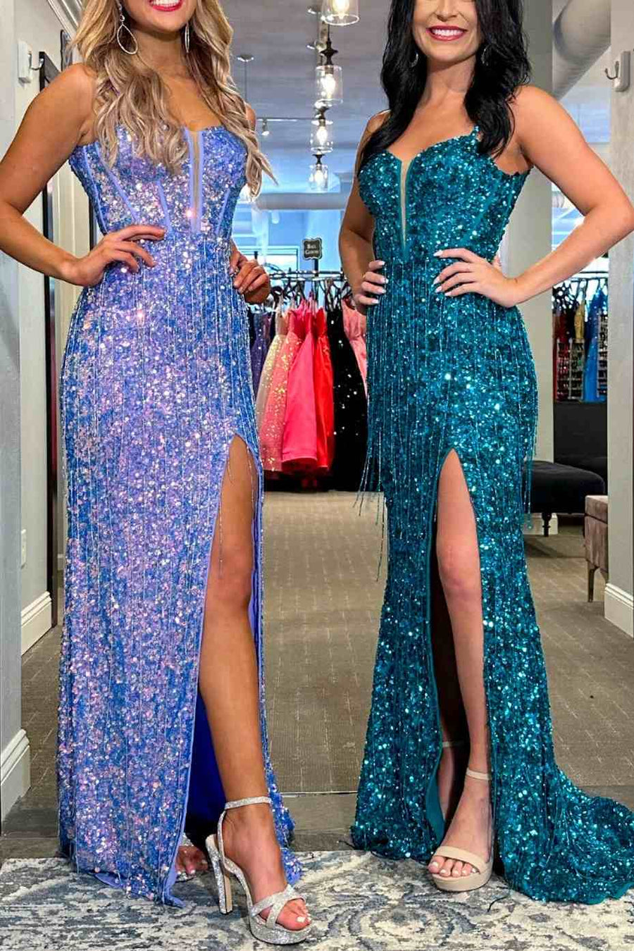 Sparkly V-Neck Spaghetti Straps Sequined Long Formal Prom Dress with Slit