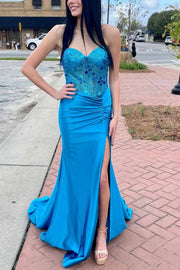 Sweetheart Strapless Mirror-Cut Sequins Mermaid Long Prom Dress with Slit