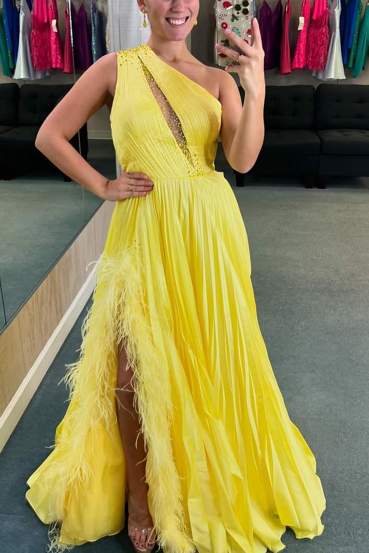 Yellow One Shoulder A-Line Pleated Sleeveless Formal Prom Dress with Feathers