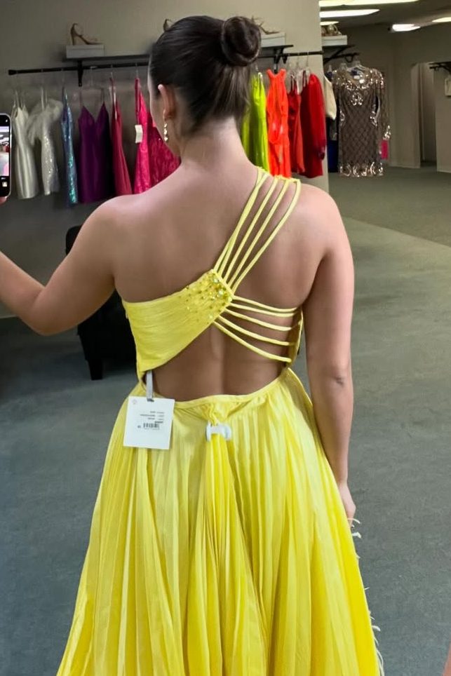 Yellow One Shoulder A-Line Pleated Sleeveless Formal Prom Dress with Feathers