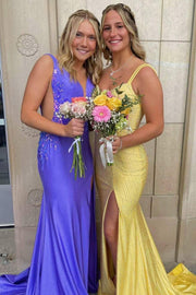 Mermaid Deep V-Neck Appliques Side Slit Long Prom Dress with Train