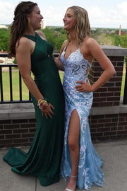 Spaghetti Straps V-Neck Appliques Sleeveless Formal Prom Dress with Slit