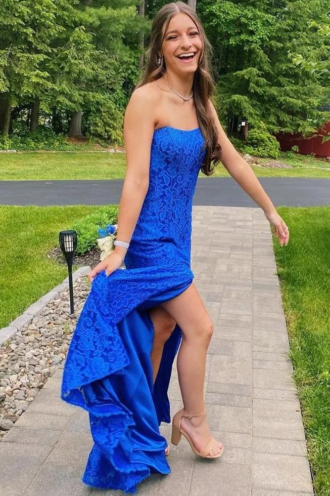 Royal Blue Strapless Mermaid Lace Long Prom Dress with Slit