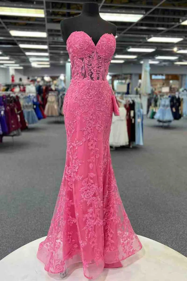 pink strapless mermaid prom dress Pink Sweetheart Strapless Lace Appliques Mermaid Prom Dress – Modsele