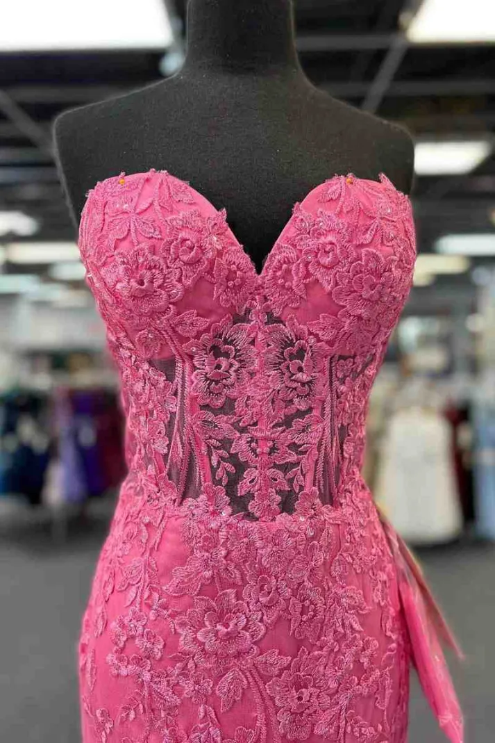 Pink Sweetheart Strapless Lace Appliques Mermaid Prom Dress