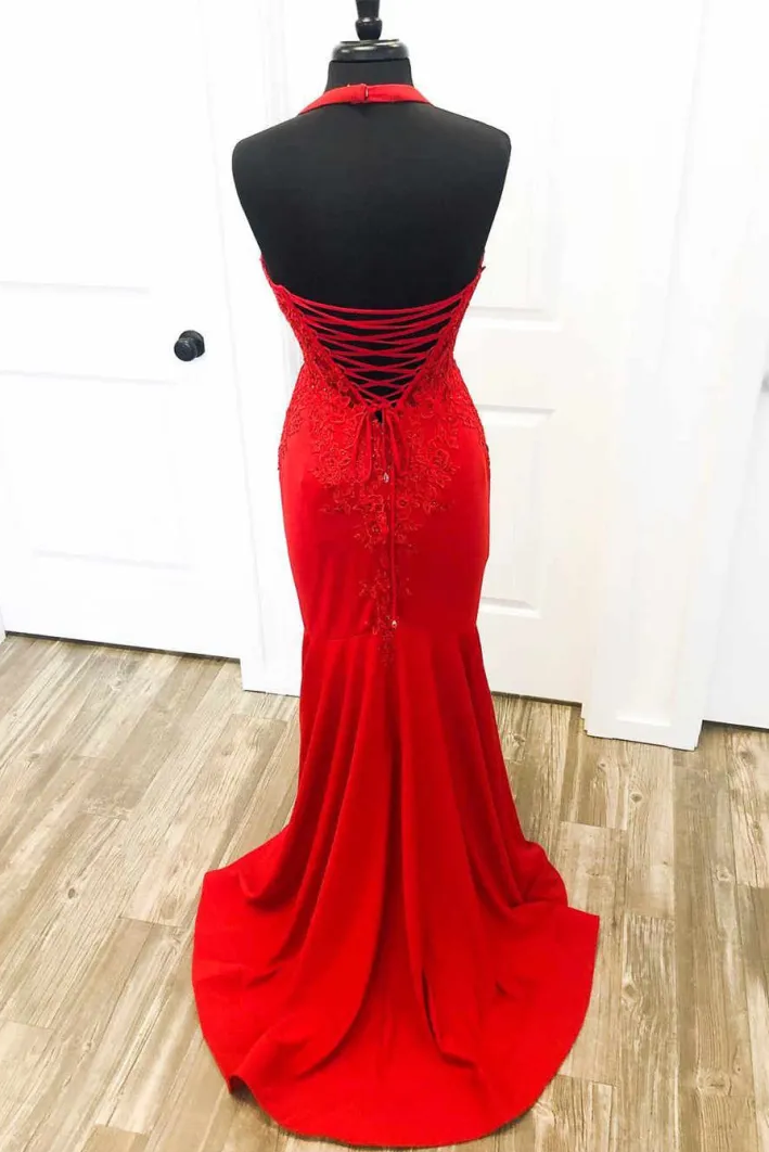 Halter V-Neck Appliques Sleeveless Mermaid Ruched Long Prom Dress