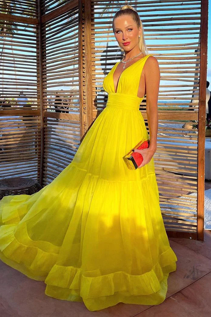 Yellow A-Line V-Neck Straps Empire-Waist Prom Formal Dress