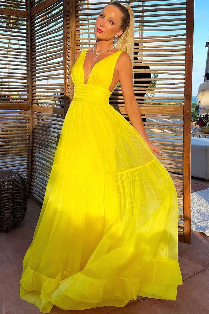 Yellow A-Line V-Neck Straps Empire-Waist Prom Formal Dress – Modsele