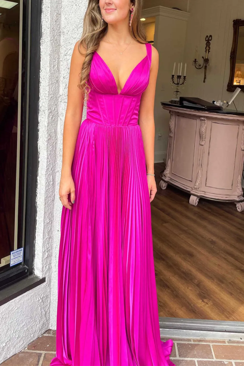 A-Line V-Neck Straps Pleated Empire-Waist Sleeveless Long Prom Dress