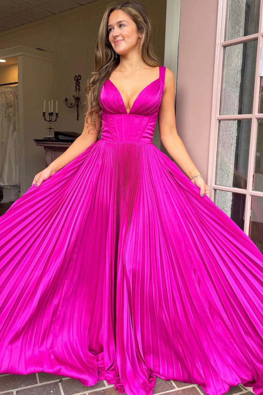 A-Line V-Neck Straps Pleated Empire-Waist Sleeveless Long Prom Dress