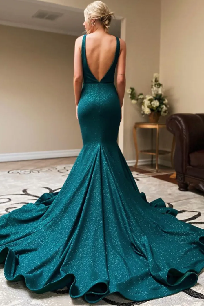 Mermaid Low V-Neck Sleeveless Ruched Formal Prom Dress with Slit