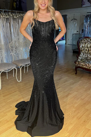 Black Spaghetti Straps Beading Mermaid Sleeveless Long Prom Dress