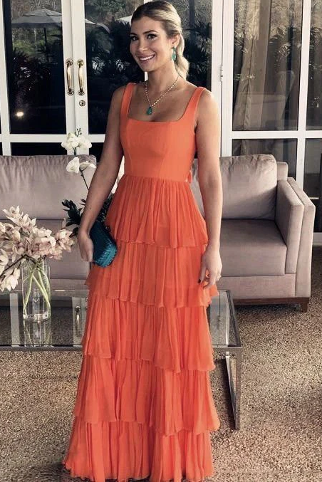 Elegant Straps Square Layered Sleeveless Long Prom Formal Dress